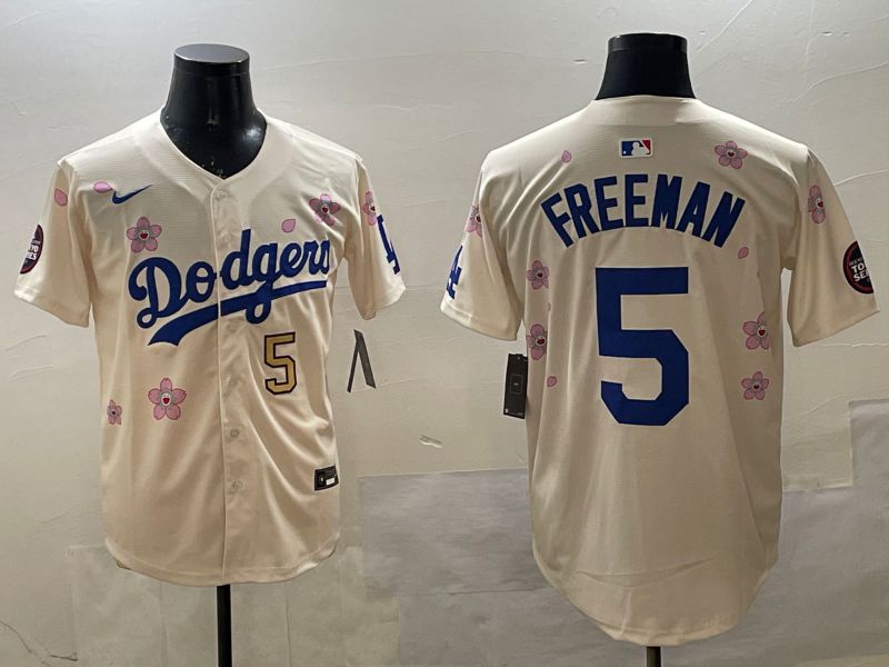 Men Los Angeles Dodgers 5 Freeman Cream Sakura Edition 2025 Nike MLB Jersey style 2